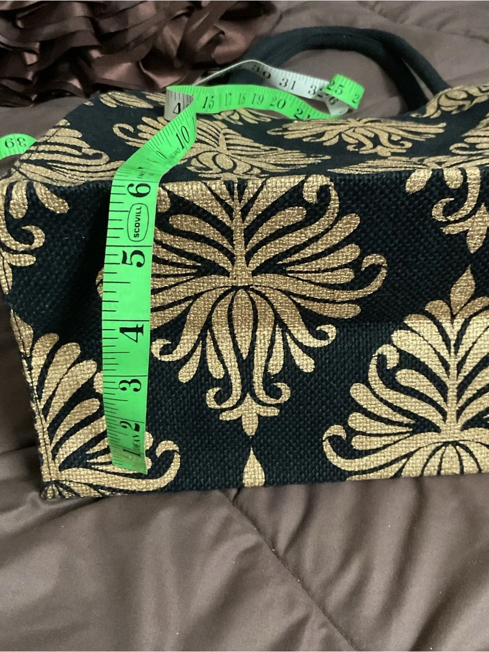 Black Burlap Gold Stamped Tote with woven Rope handles, New without tag.